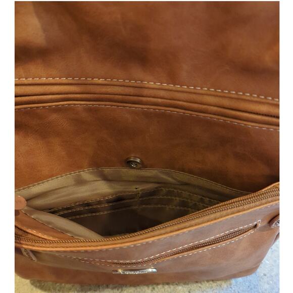 MultiSac Crossbody Vegan Leather Camel Tan Adjustable Strap Square Bag 11x11 x 3 - Picture 2 of 9